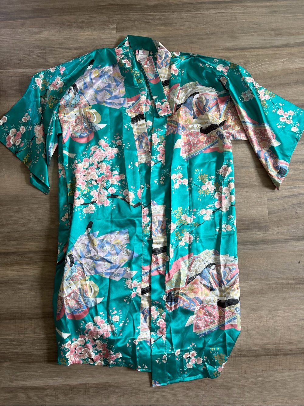 Teal Floral Satin Kimono-Style Women’s Top